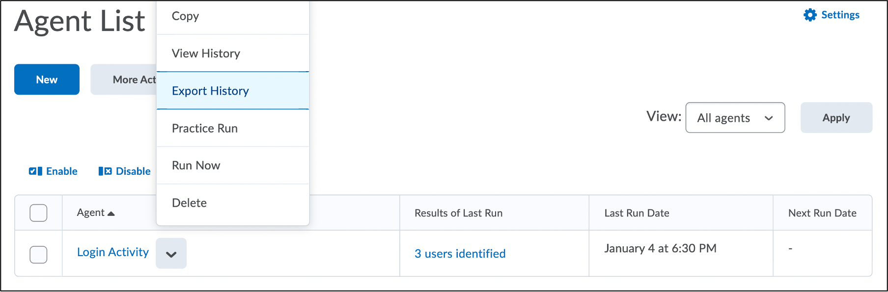 Screenshot of the Agent actions menu with the Export History option selected.