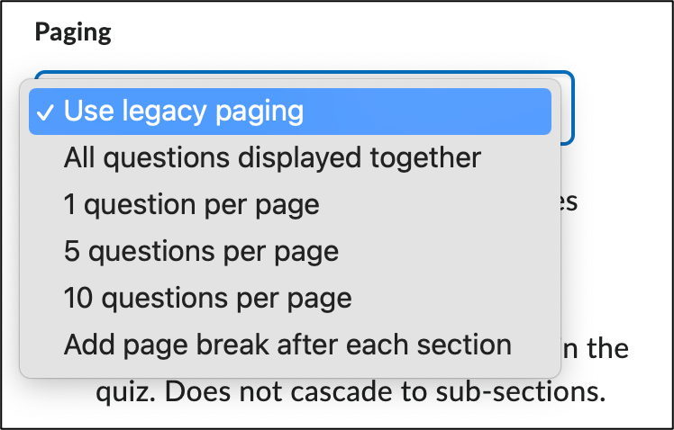Screenshot of the Paging options on the Edit Quiz page.