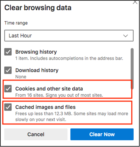 Screenshot of Time range list with red callouts around the Cookies and other site data and the Cached images and files checkboxes.